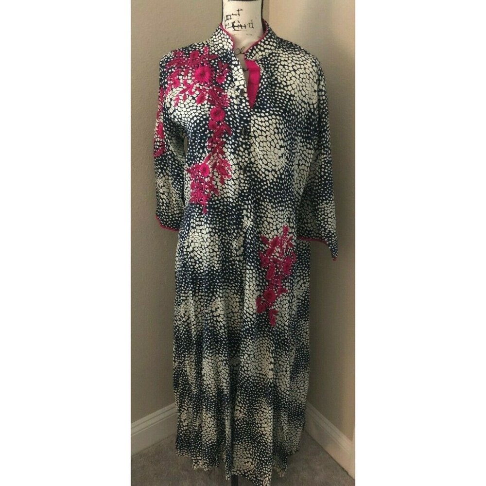 BHOOM SHANTI NAVY BLUE WHITE & FUCHSIA KAFTAN TUNIC DRESS - SIZE XXL  (md)